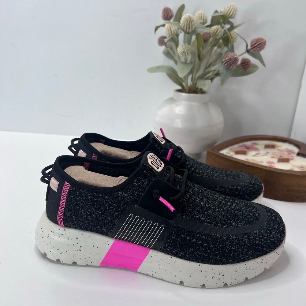Hey Dude Sirocco Sport Stripe Shoes Black/Pink/White Lightweight Women 8 NWOB